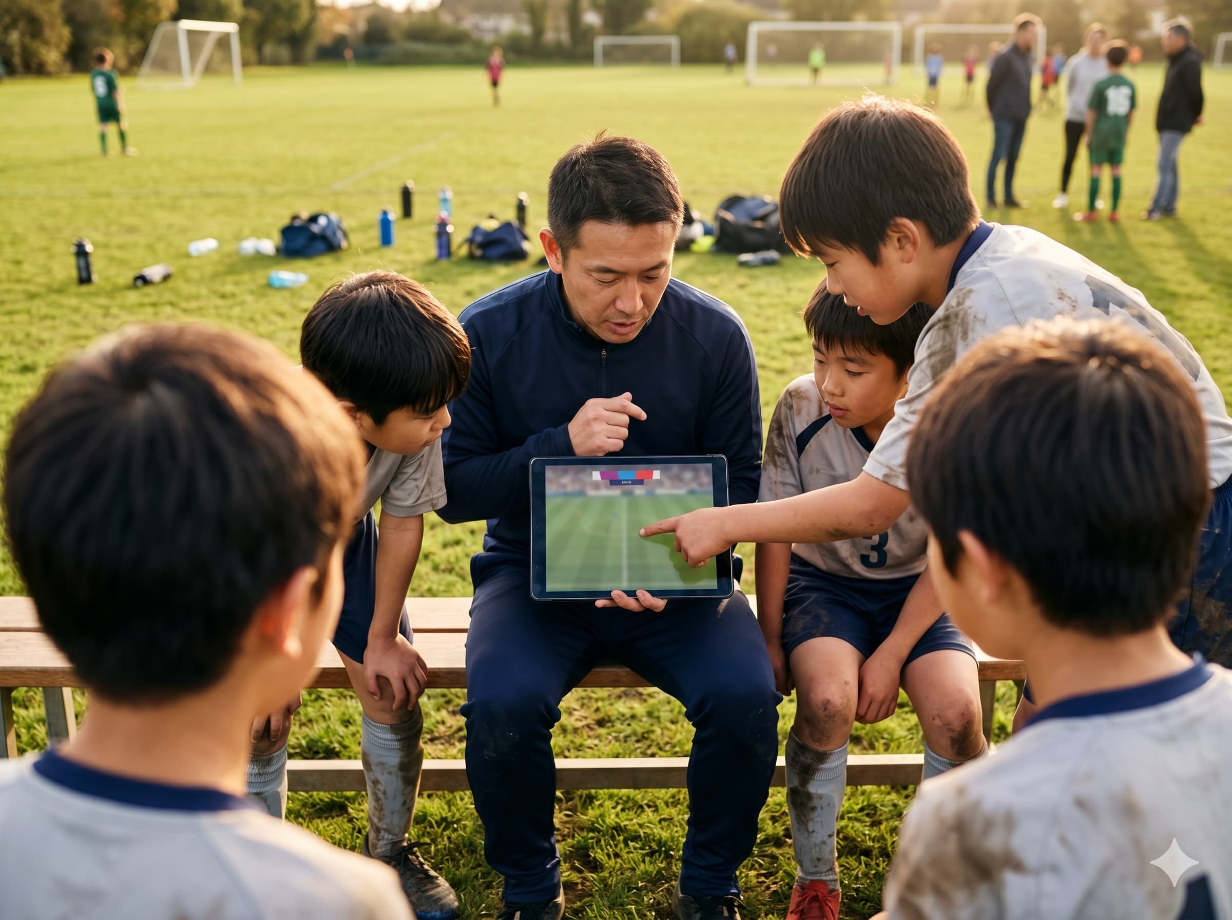 スポーツ少年団のコーチが試合アーカイブで戦術を振り返る様子