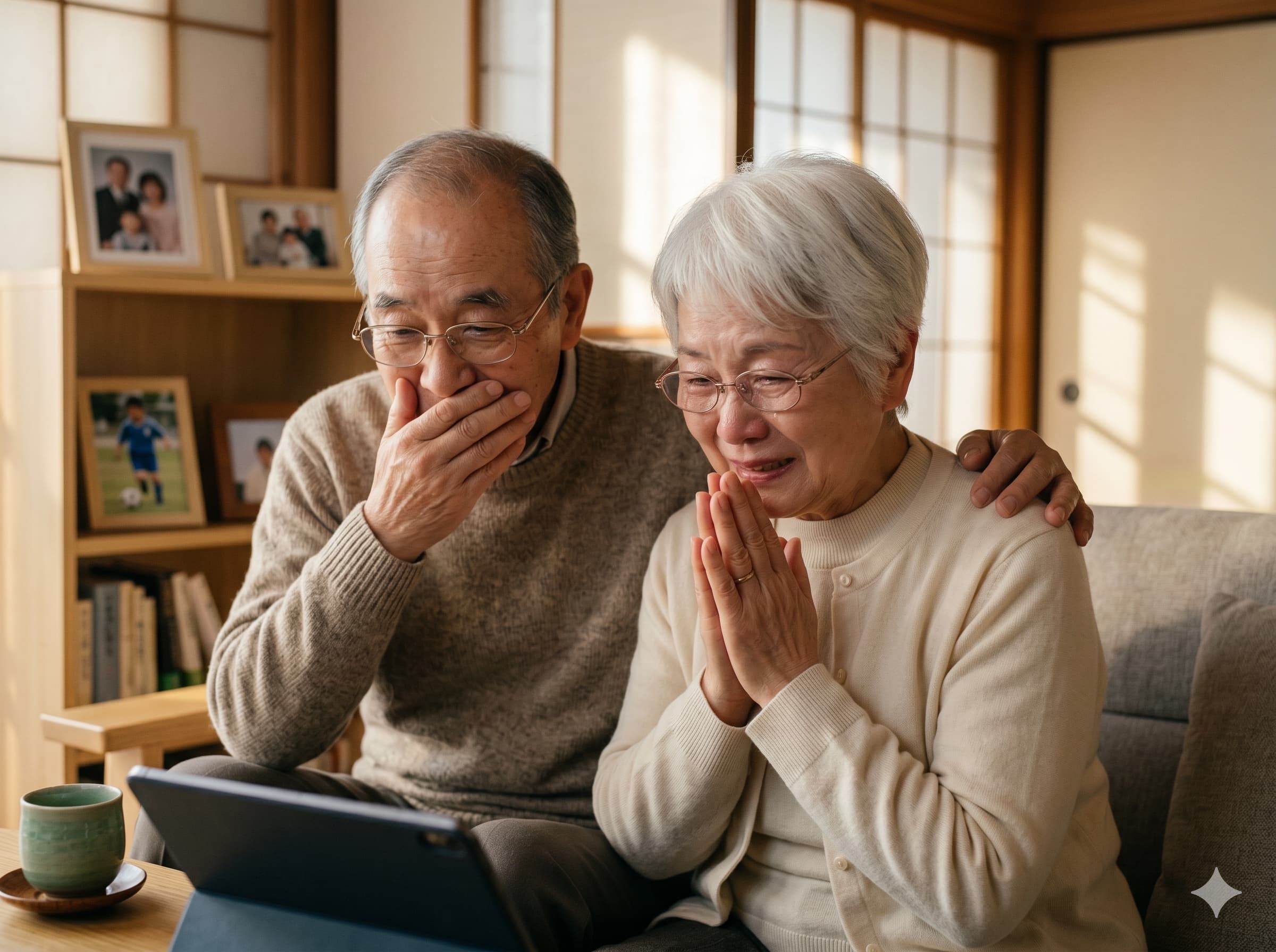 離れた地域の祖父母がタブレットで孫の試合を観戦