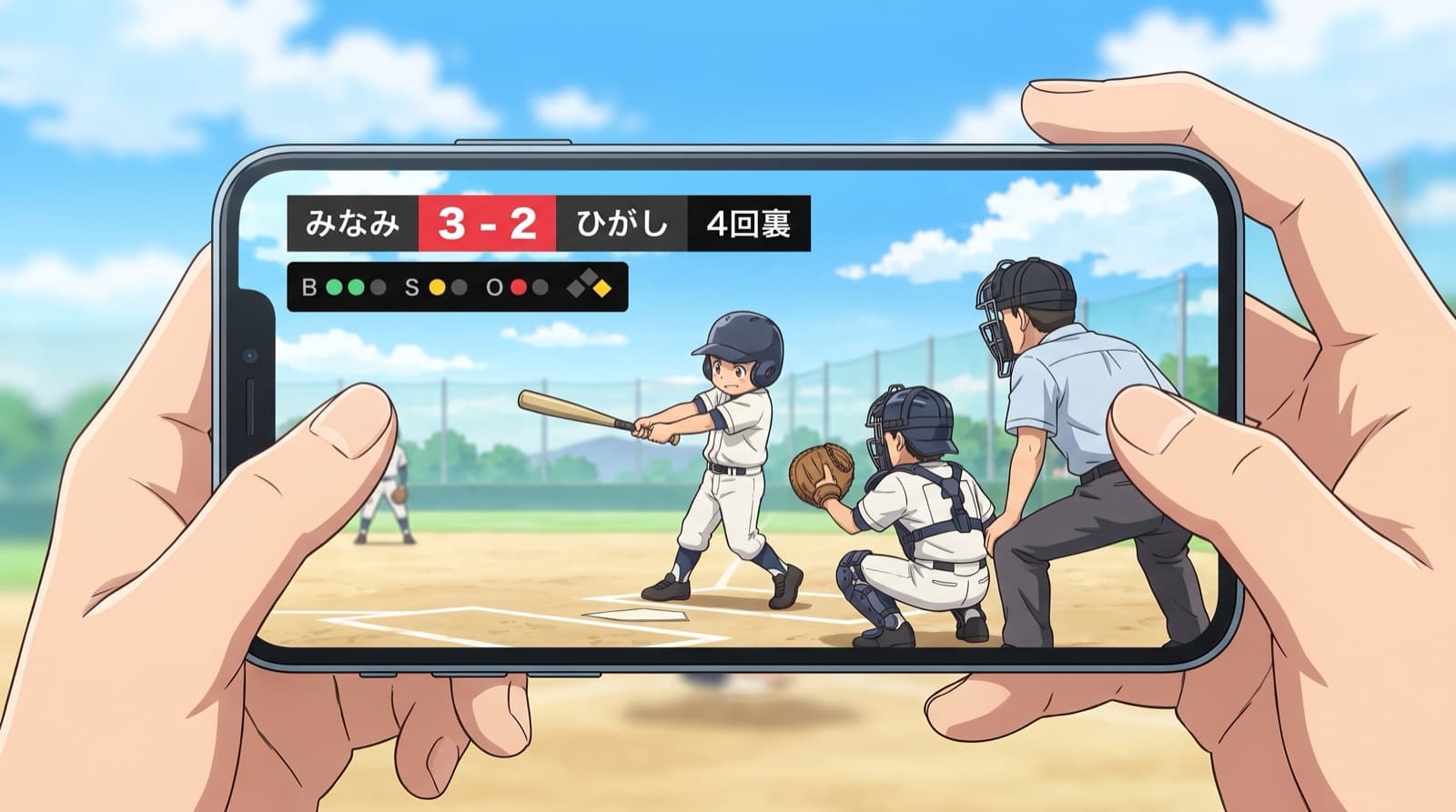 スマホの配信画面。少年野球の試合映像の左上に、チーム名・得点・4回裏の表示と、ボール・ストライク・アウトのカウント、ランナーの図が重なっている