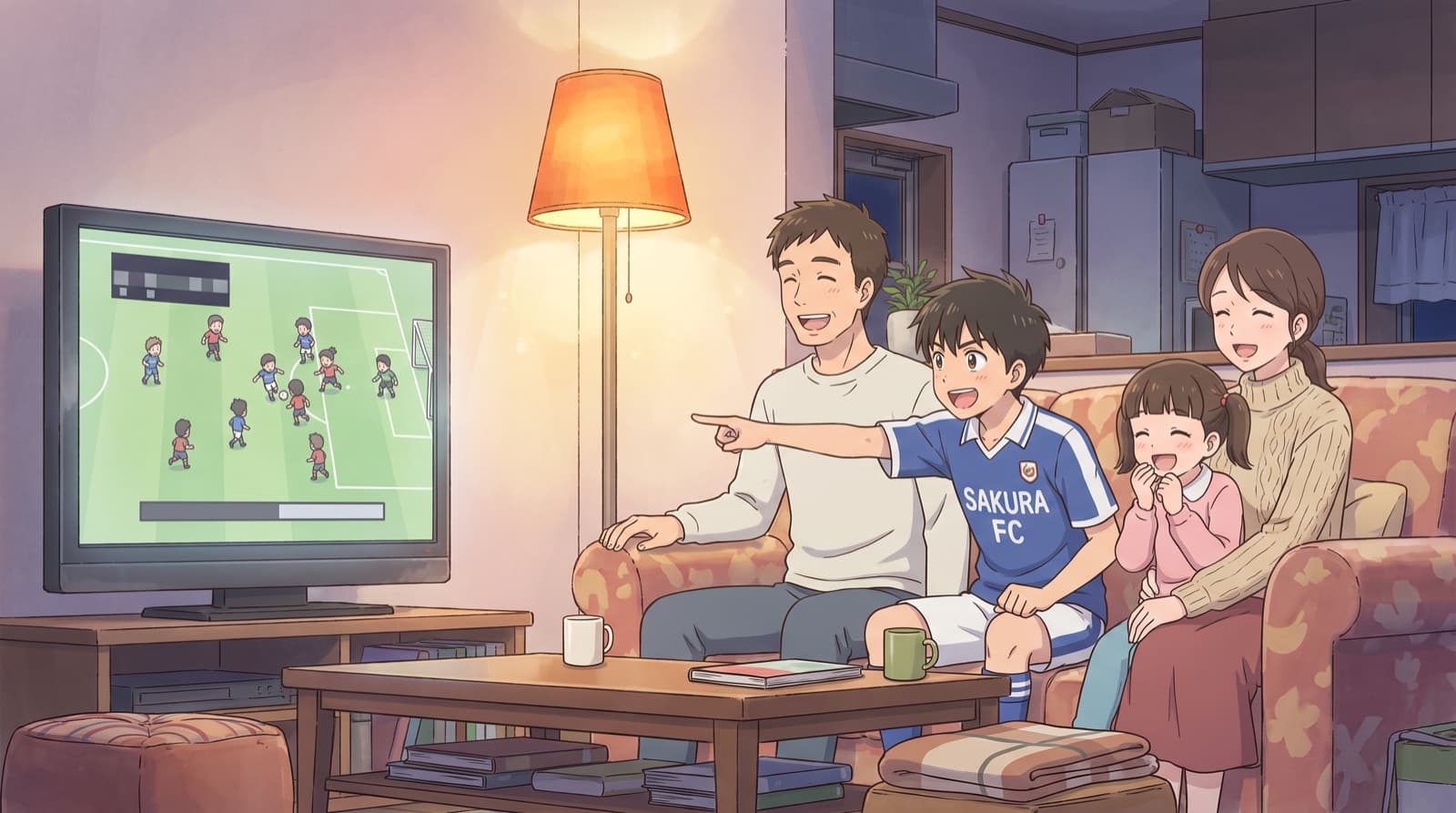 夜のリビングで、家族がテレビに映した子どものサッカーの試合映像を見返して笑っている。画面の左上には得点の表示がある