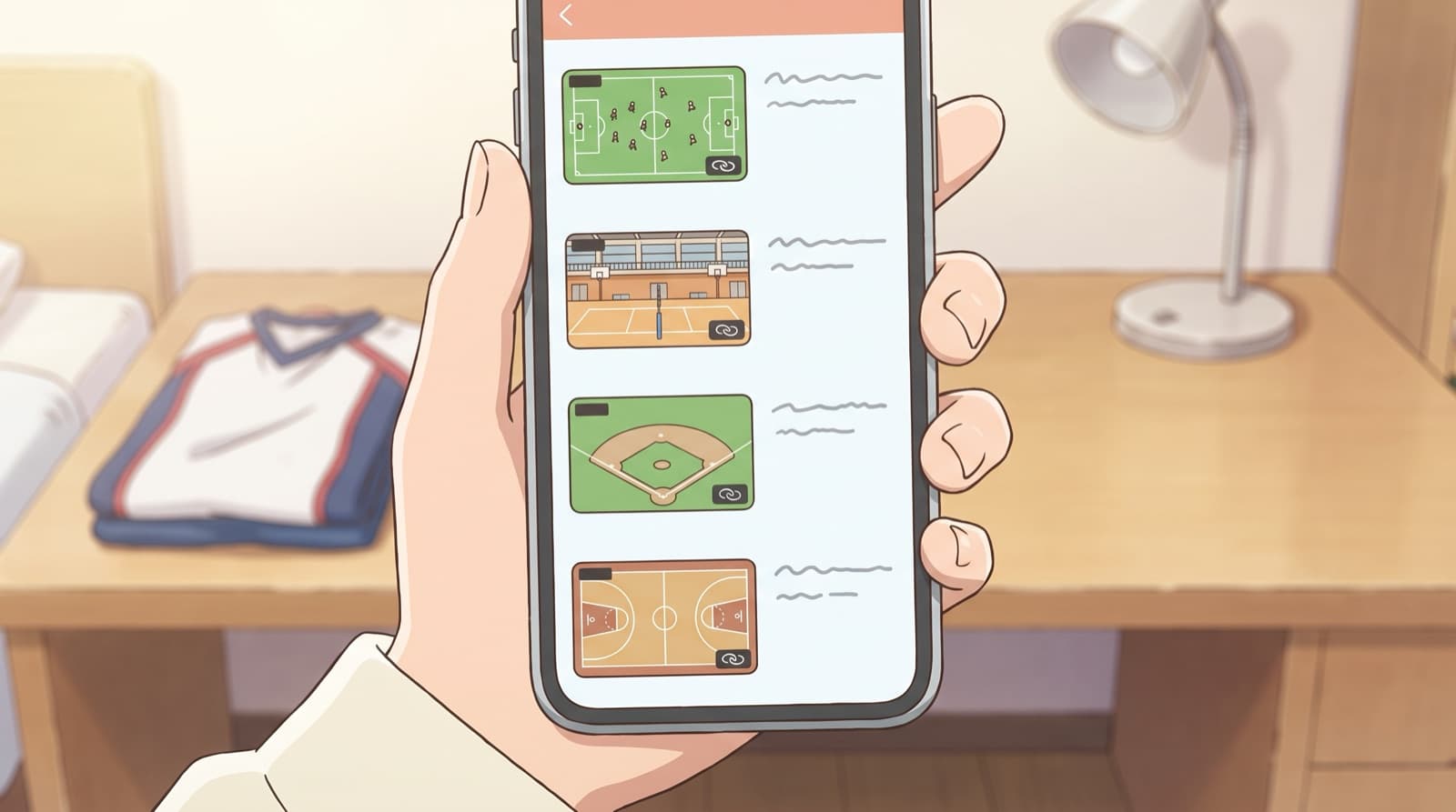 スマホに、サッカー・バレー・野球・バスケの試合動画が並んでいる。どれもリンクを知っている人だけが見られる限定公開