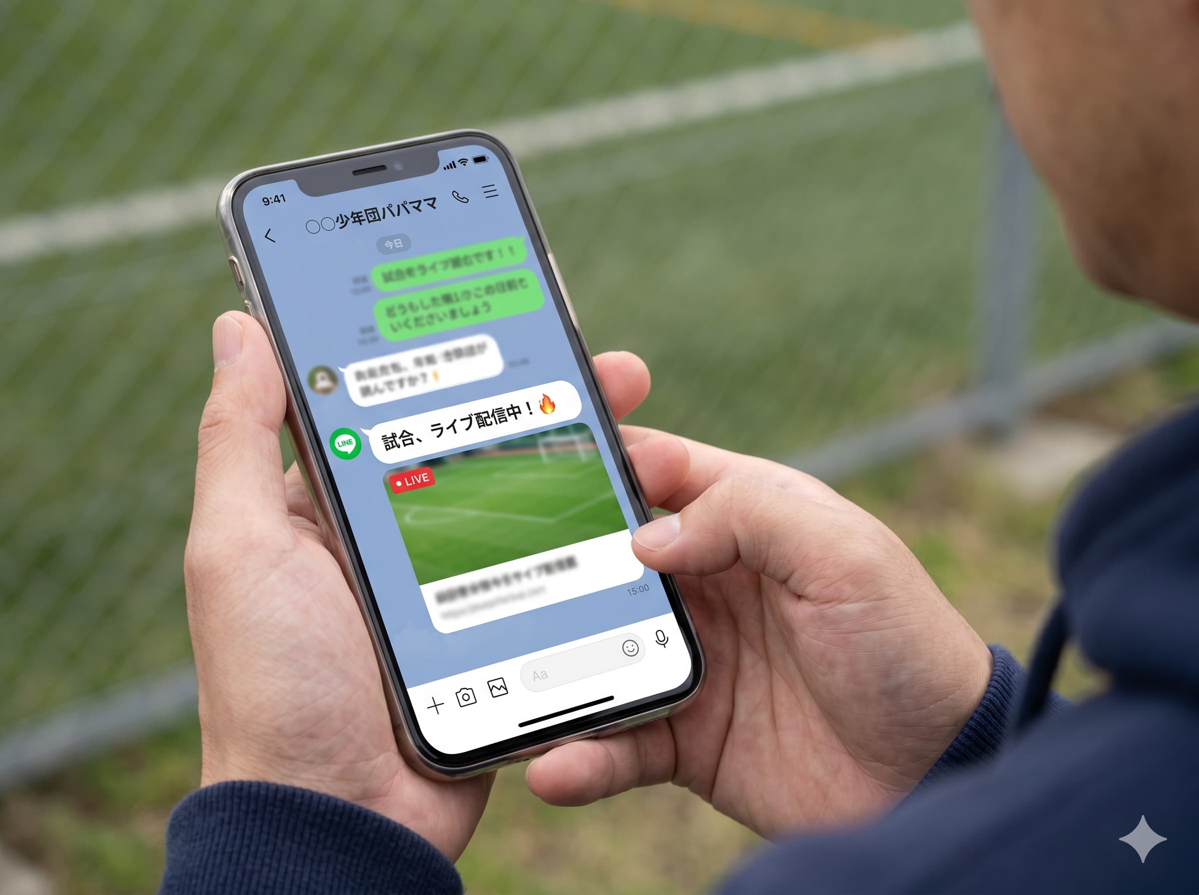 試合のライブ配信コードをLINEで家族・チーム関係者に共有する様子